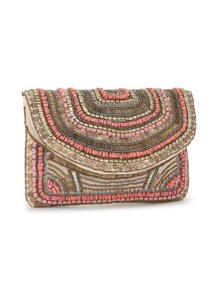 Anekaant Boho Beige & Dusky Pink Cotton Canvas Striped Embellished Sling Bag 2