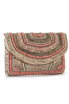 Anekaant Boho Beige & Dusky Pink Cotton Canvas Striped Embellished Sling Bag