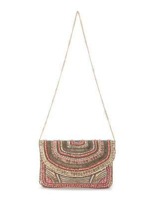 Anekaant Boho Beige & Dusky Pink Cotton Canvas Striped Embellished Sling Bag 5