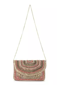 Anekaant Boho Beige & Dusky Pink Cotton Canvas Striped Embellished Sling Bag