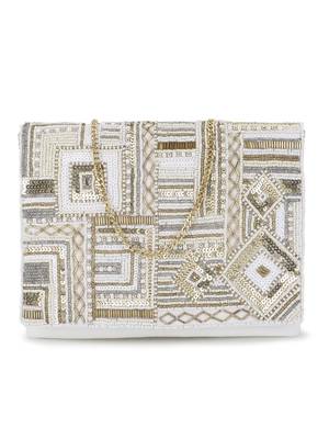 Anekaant Boho White & Gold Cotton Canvas Abstract Embellished Sling Bag 1