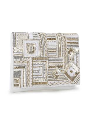 Anekaant Boho White & Gold Cotton Canvas Abstract Embellished Sling Bag 2