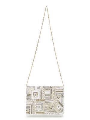 Anekaant Boho White & Gold Cotton Canvas Abstract Embellished Sling Bag 5