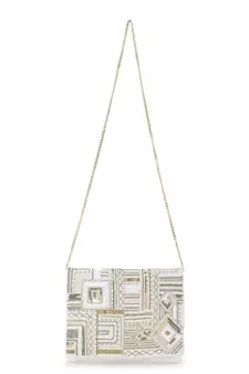 Anekaant Boho White & Gold Cotton Canvas Abstract Embellished Sling Bag