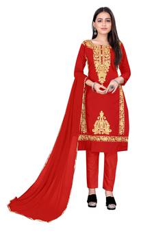 Red Designer Embroidery Work P C Cotton unstitched Long Length Kameez Pant party-wear-salwar-kameez