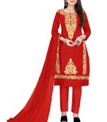 Red Designer Embroidery Work P C Cotton unstitched Long Length Kameez Pant party-wear-salwar-kameez