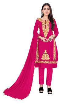 Pink Designer Embroidery Work P C Cotton unstitched Long Length Kameez Pant party-wear-salwar-kameez