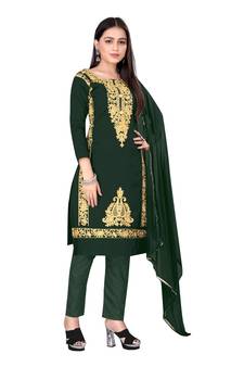 Green Designer Embroidery Work P C Cotton unstitched Long Length Kameez Pant party-wear-salwar-kameez
