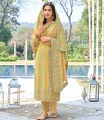 Yellow Heavy Designer Embroidery Work Georgette unstitched Long Length Kameez Pant cotton salwar suit