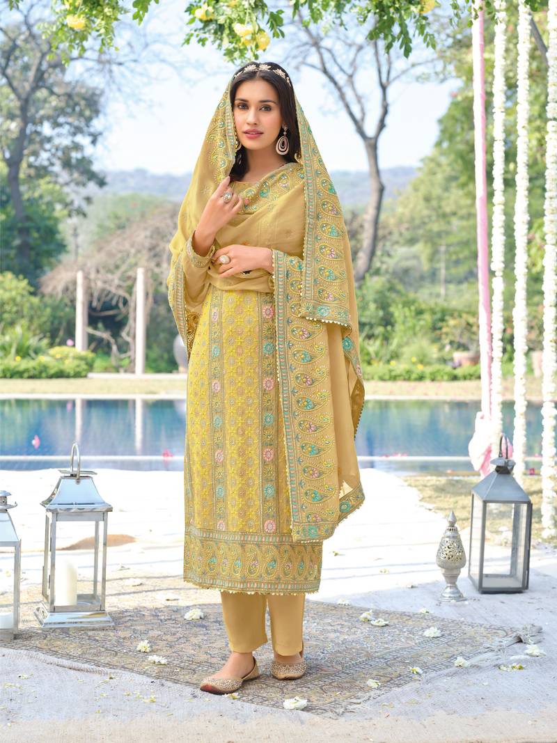 Yellow Heavy Designer Embroidery Work Georgette unstitched Long