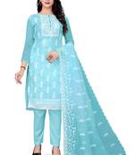 Sky Blue Designer Embroidery Work Organza unstitched Long Length Kameez Pant silk salwar suit