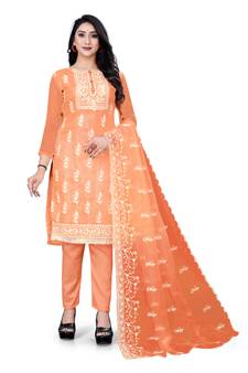 Peach Designer Embroidery Work Organza unstitched Long Length Kameez Pant silk salwar suit