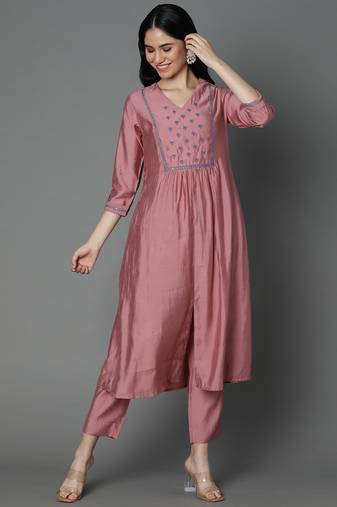 Pink embroidered art silk ethnic-kurtis