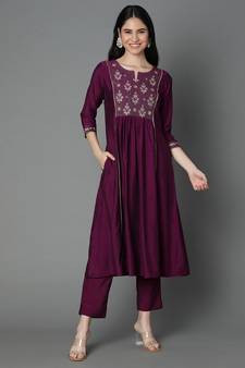 Purple embroidered art silk ethnic-kurtis