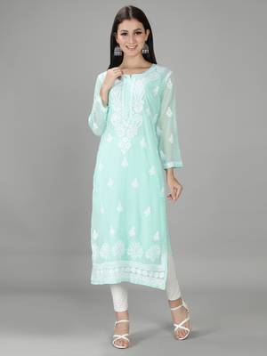 Hand Embroidered Lucknowi Chikankari Sea Green Georgette Kurta with Slip 1