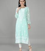 Hand Embroidered Lucknowi Chikankari Sea Green Georgette Kurta with Slip