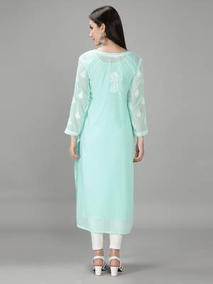 Hand Embroidered Lucknowi Chikankari Sea Green Georgette Kurta with Slip 2