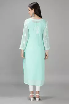 Hand Embroidered Lucknowi Chikankari Sea Green Georgette Kurta with Slip