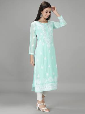 Hand Embroidered Lucknowi Chikankari Sea Green Georgette Kurta with Slip 3