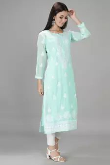 Hand Embroidered Lucknowi Chikankari Sea Green Georgette Kurta with Slip