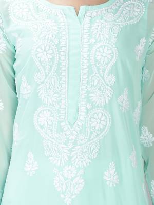 Hand Embroidered Lucknowi Chikankari Sea Green Georgette Kurta with Slip 4