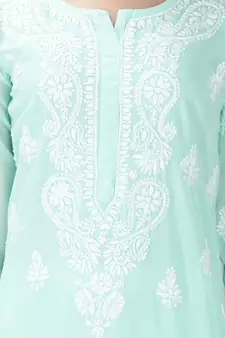 Hand Embroidered Lucknowi Chikankari Sea Green Georgette Kurta with Slip