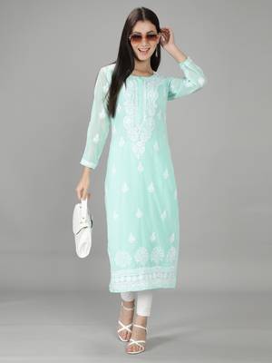 Hand Embroidered Lucknowi Chikankari Sea Green Georgette Kurta with Slip 5