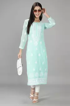 Hand Embroidered Lucknowi Chikankari Sea Green Georgette Kurta with Slip