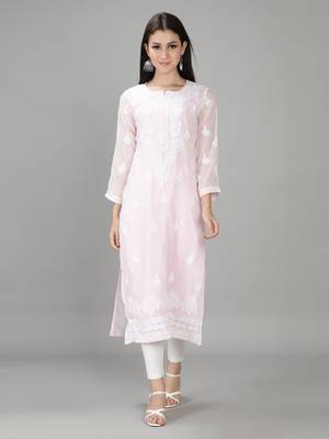 Hand Embroidered Lucknowi Chikankari Pink Georgette Kurta with Slip 1