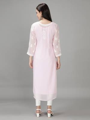 Hand Embroidered Lucknowi Chikankari Pink Georgette Kurta with Slip 2