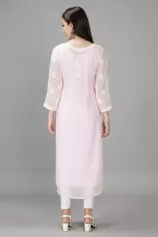 Hand Embroidered Lucknowi Chikankari Pink Georgette Kurta with Slip