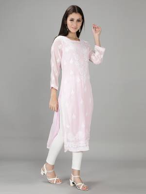 Hand Embroidered Lucknowi Chikankari Pink Georgette Kurta with Slip 3