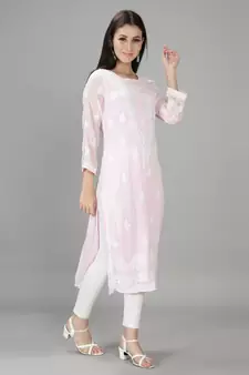 Hand Embroidered Lucknowi Chikankari Pink Georgette Kurta with Slip