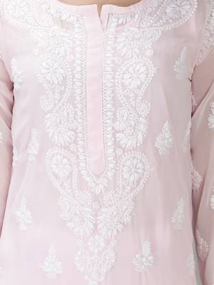 Hand Embroidered Lucknowi Chikankari Pink Georgette Kurta with Slip 4