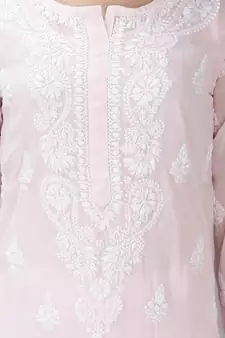 Hand Embroidered Lucknowi Chikankari Pink Georgette Kurta with Slip