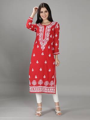 Seva Chikan Hand Embroidered Lucknowi Chikankari Red Georgette Kurta with Slip 1