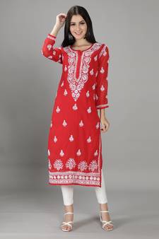 Seva Chikan Hand Embroidered Lucknowi Chikankari Red Georgette Kurta with Slip