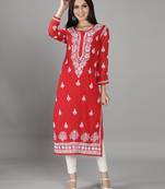 Seva Chikan Hand Embroidered Lucknowi Chikankari Red Georgette Kurta with Slip
