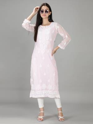 Hand Embroidered Lucknowi Chikankari Pink Georgette Kurta with Slip 5