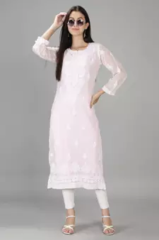 Hand Embroidered Lucknowi Chikankari Pink Georgette Kurta with Slip
