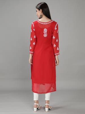 Seva Chikan Hand Embroidered Lucknowi Chikankari Red Georgette Kurta with Slip 2