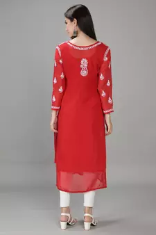 Seva Chikan Hand Embroidered Lucknowi Chikankari Red Georgette Kurta with Slip