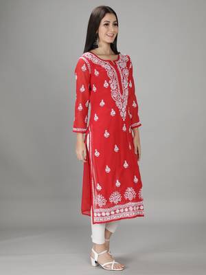 Seva Chikan Hand Embroidered Lucknowi Chikankari Red Georgette Kurta with Slip 3