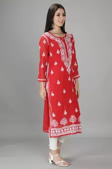 Seva Chikan Hand Embroidered Lucknowi Chikankari Red Georgette Kurta with Slip