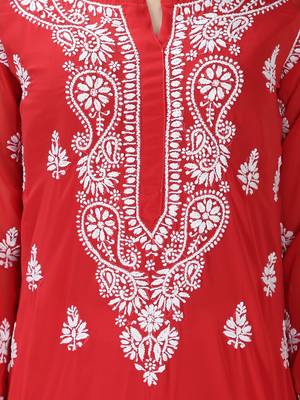 Seva Chikan Hand Embroidered Lucknowi Chikankari Red Georgette Kurta with Slip 4