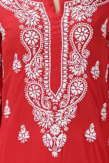 Seva Chikan Hand Embroidered Lucknowi Chikankari Red Georgette Kurta with Slip