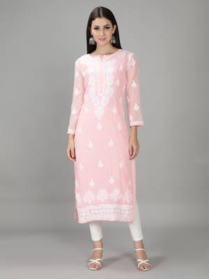 Hand Embroidered Lucknowi Chikankari Light Pink Georgette Kurta with Slip 1