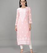 Hand Embroidered Lucknowi Chikankari Light Pink Georgette Kurta with Slip