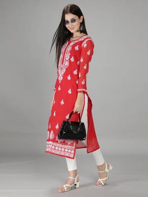 Seva Chikan Hand Embroidered Lucknowi Chikankari Red Georgette Kurta with Slip 5