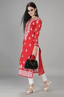Seva Chikan Hand Embroidered Lucknowi Chikankari Red Georgette Kurta with Slip